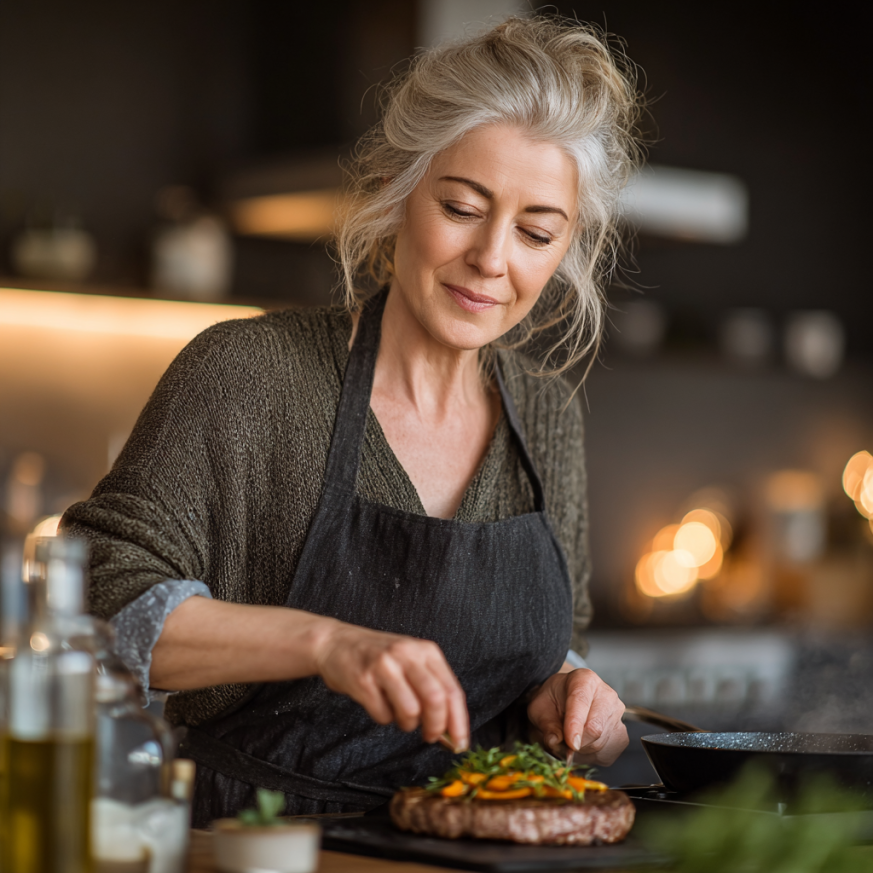 Літня пара готує здорову їжу на кухні